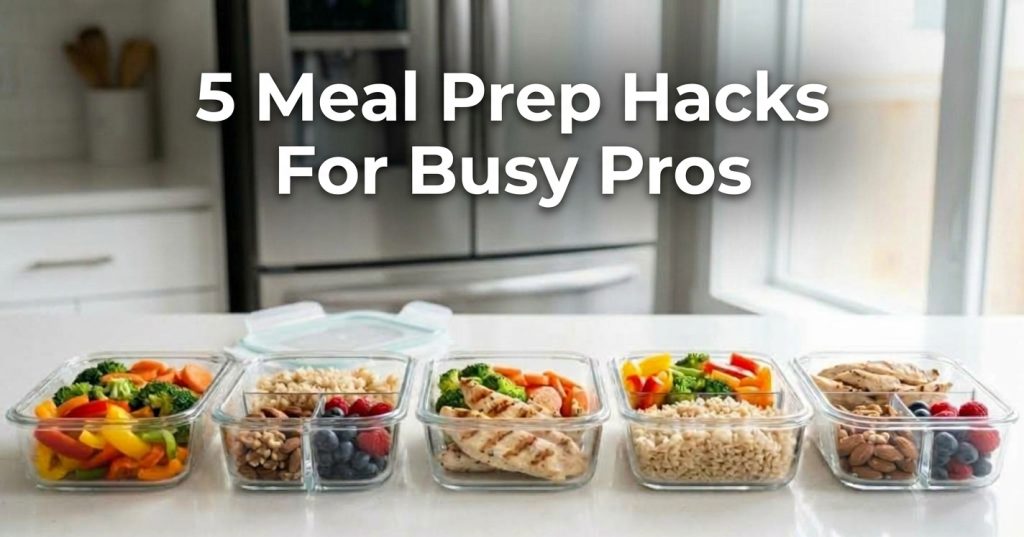 A high-angle view of smart meal prep hacks in action, showing organized cutting boards, chopped colorful vegetables, and modern kitchen tools that simplify cooking for professionals with limited time.