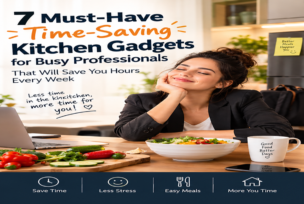 A modern kitchen workstation showcasing premium time-saving kitchen gadgets, including a smart multi-cooker and a vegetable chopper, designed to save hours for busy corporate pros.